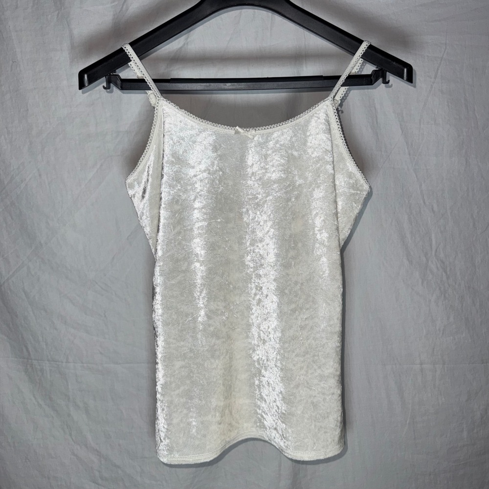 Ivory Crushed Velvet Camisole Lace Trim Bow Vintage 90s M Canyon River Blues